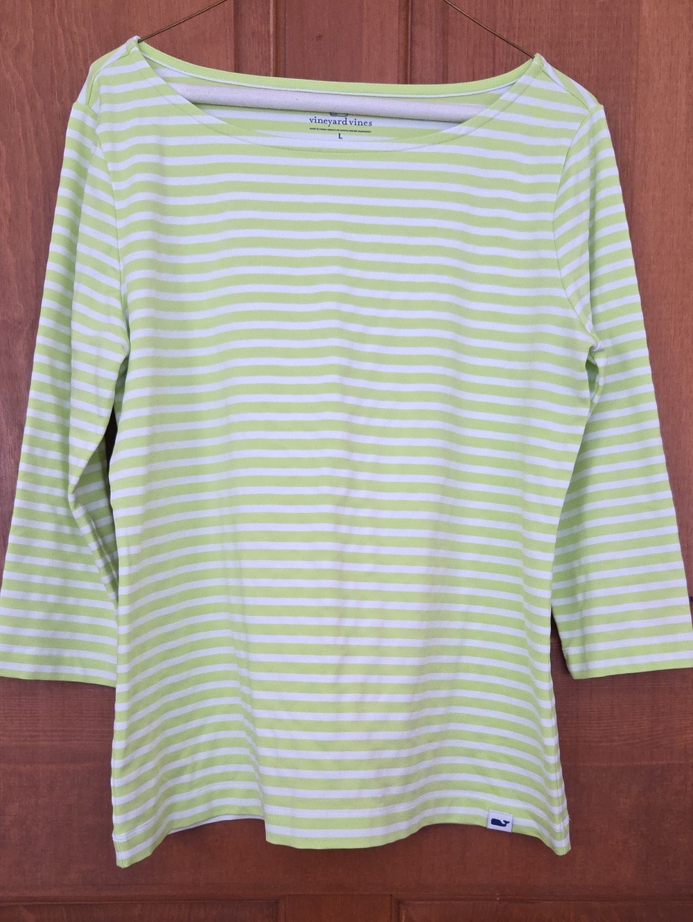 Vineyard Vines Lime and White Striped Boatneck 3/4 Sleeve Top